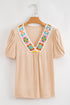 Artisan Bloom Crochet Trim Ribbed V Neck Short Sleeve Top
